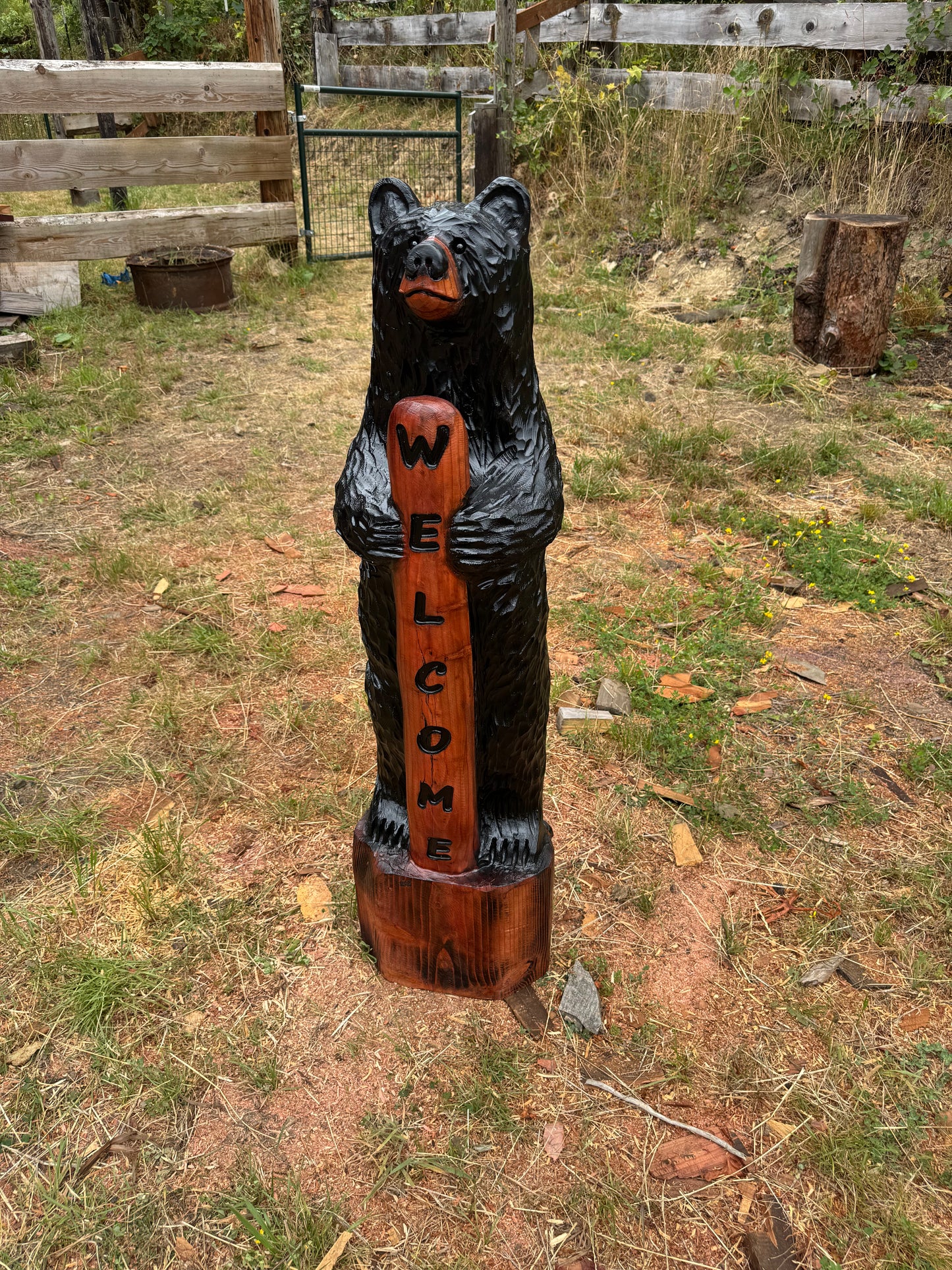Chainsaw Carved 48" Black Welcome Bear – Giant Sequoia Redwood
