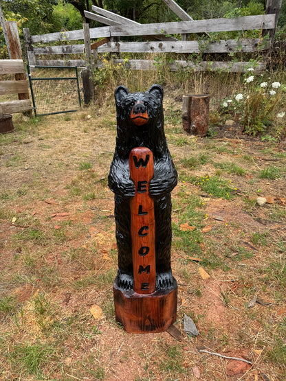 Chainsaw Carved 48" Black Welcome Bear – Giant Sequoia Redwood