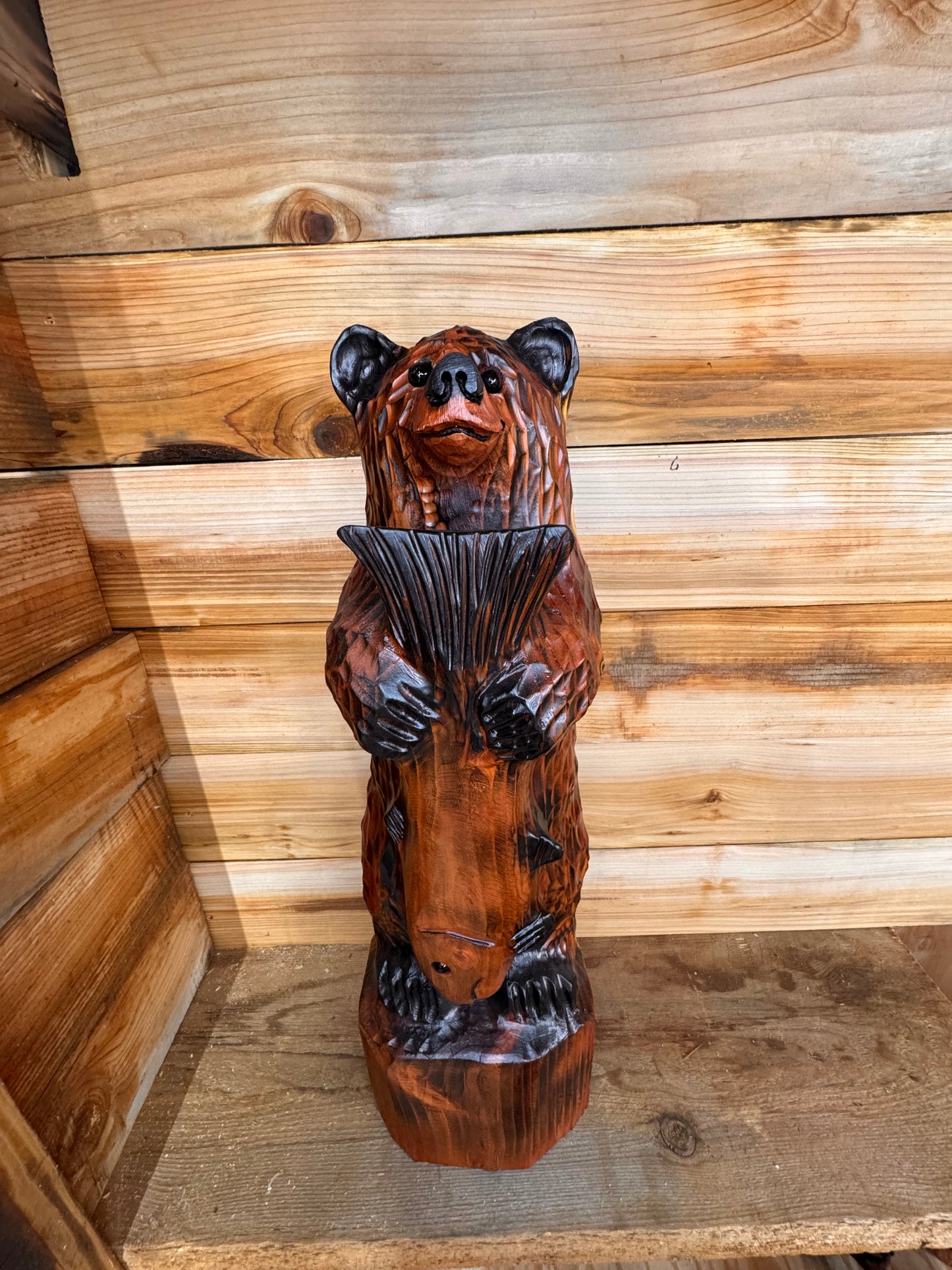 Handcrafted Wooden Bear with Fish 30" - Brown