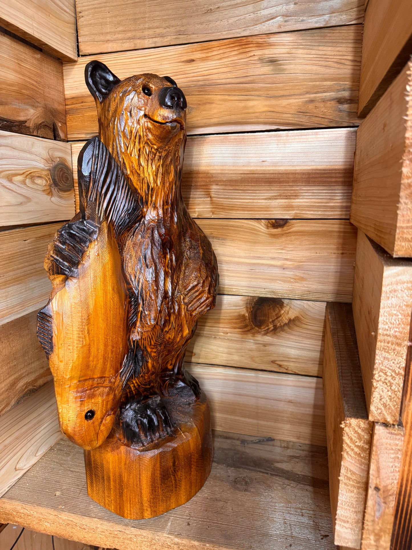 Chainsaw Carved Standing Bear Holding Fish – 24” Western Red Cedar