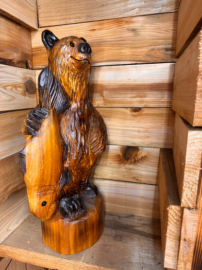 Chainsaw Carved Standing Bear Holding Fish – 24” Western Red Cedar