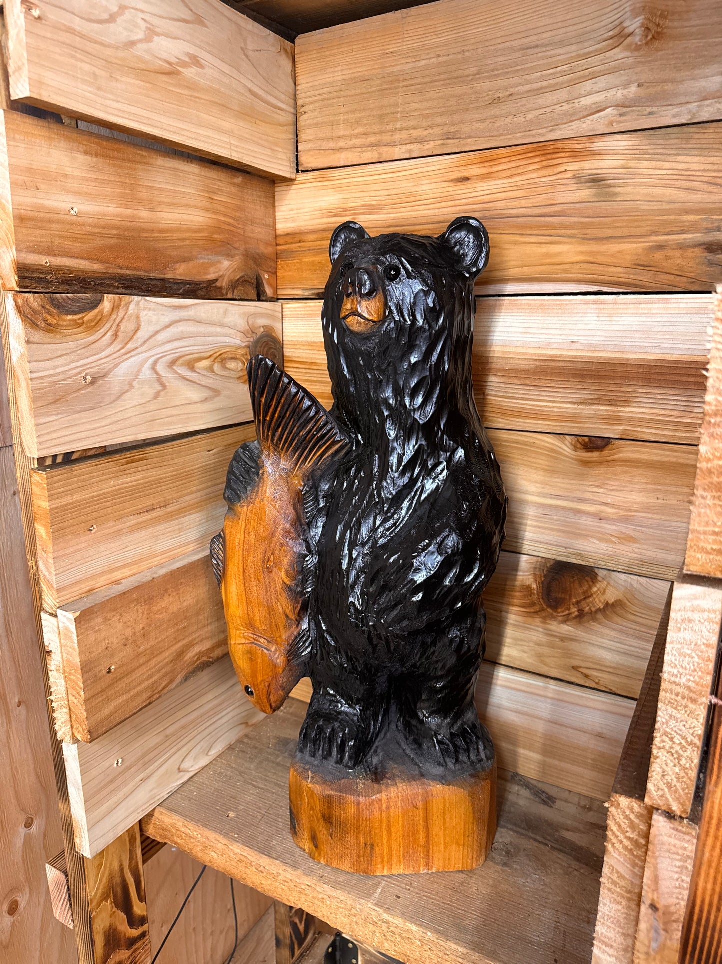 Wood Carved Bear with Fish - 24" - Black