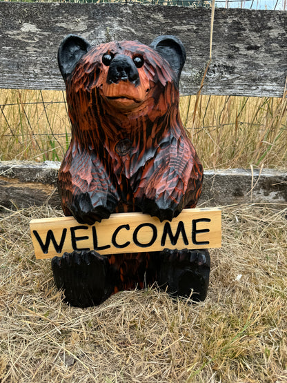 Wood Carved Bear Holding Welcome/Go Away Sign - Customizable, 15 Inches Tall - Brown