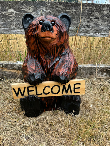 Wood Carved Bear Holding Welcome/Go Away Sign - Customizable, 15