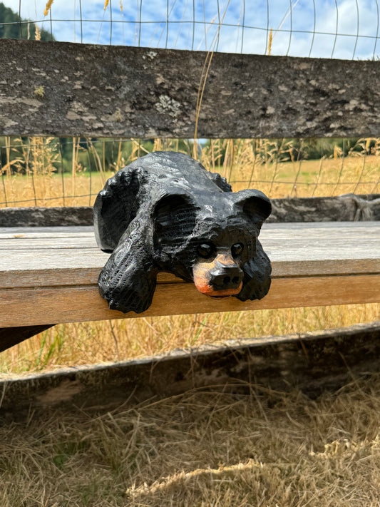 Hand-Carved Wood Bear Laying on Ledge - 10 Inches, Perfect for Mantels and Shelves - Black