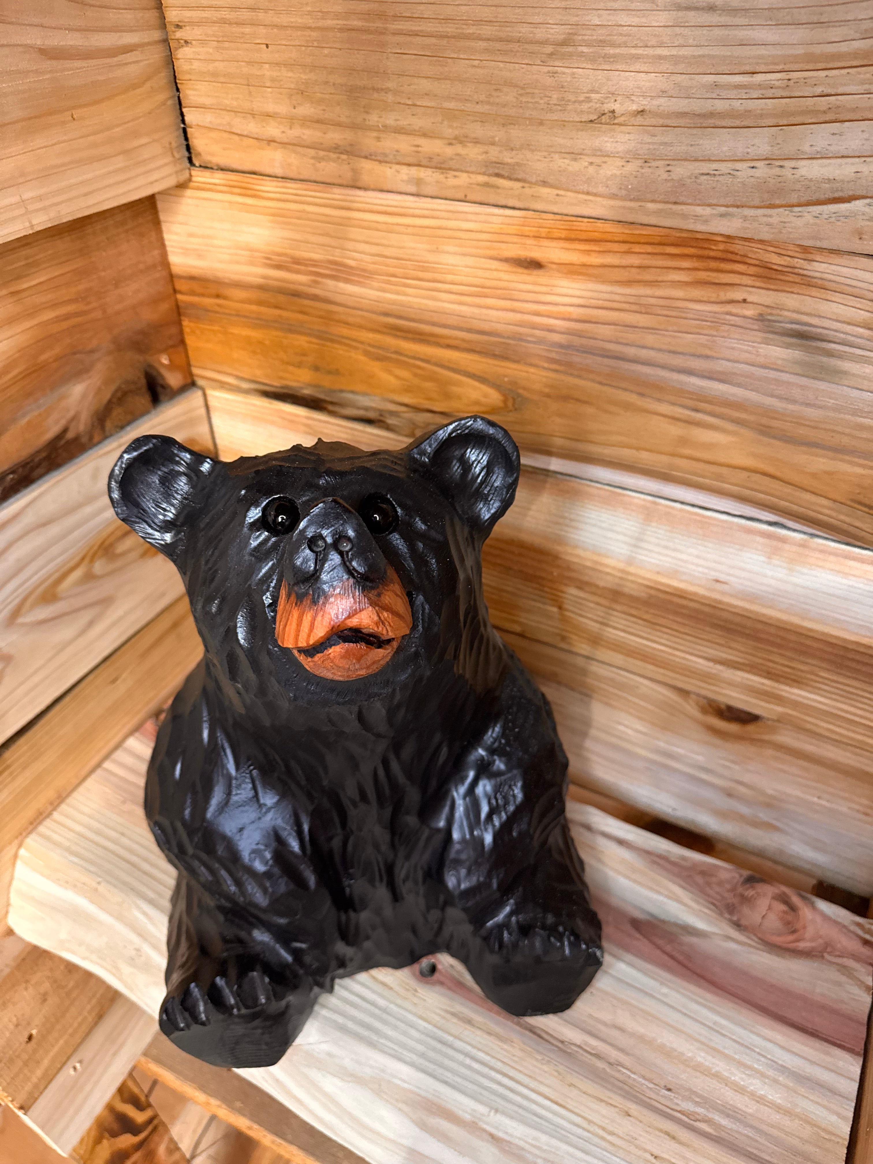 Chainsaw Carved Sitting Black Bear Looking Up – 15" Giant Sequoia Redwood