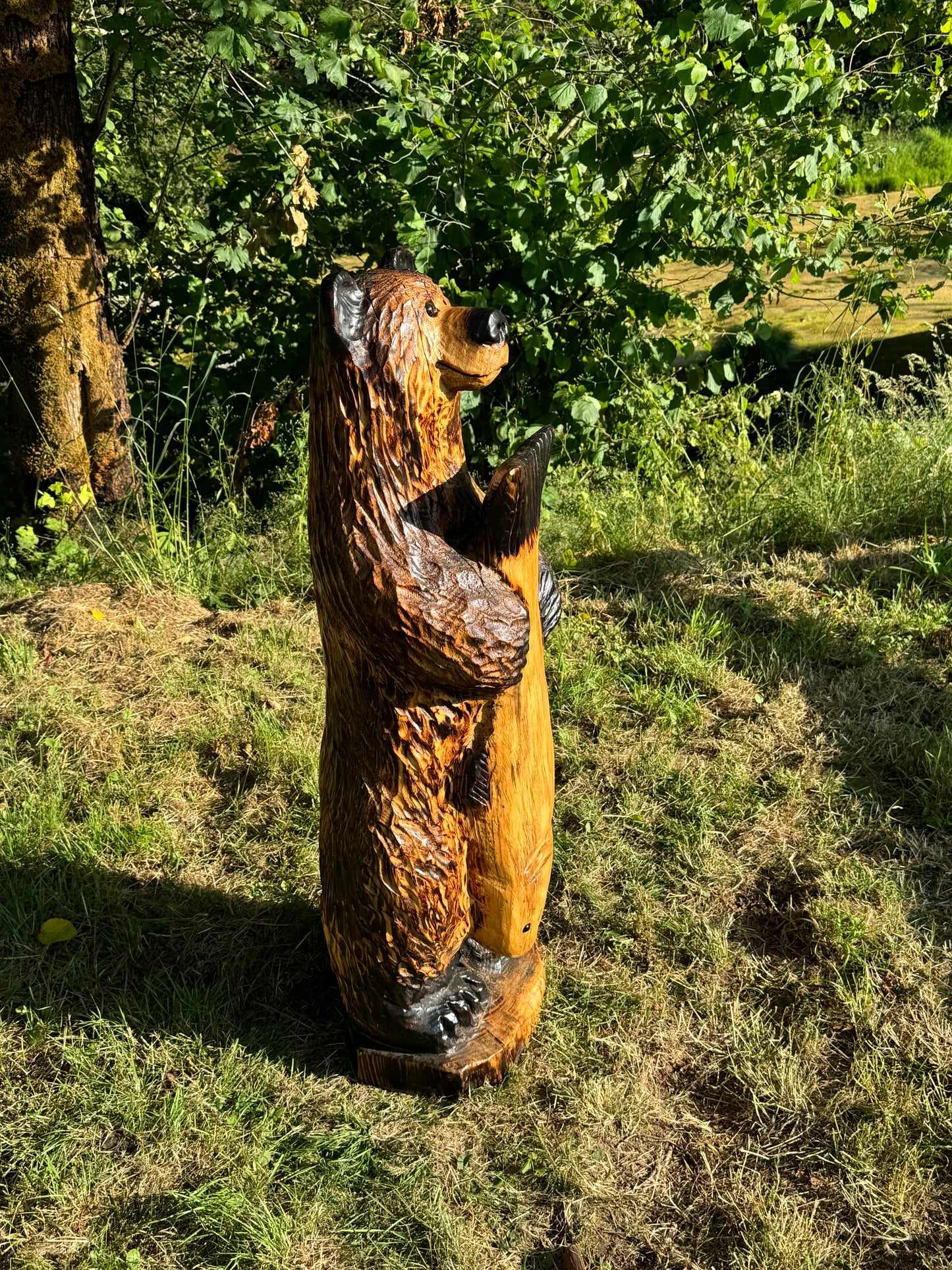 Wood Carved 48" Bear with Fish - Brown