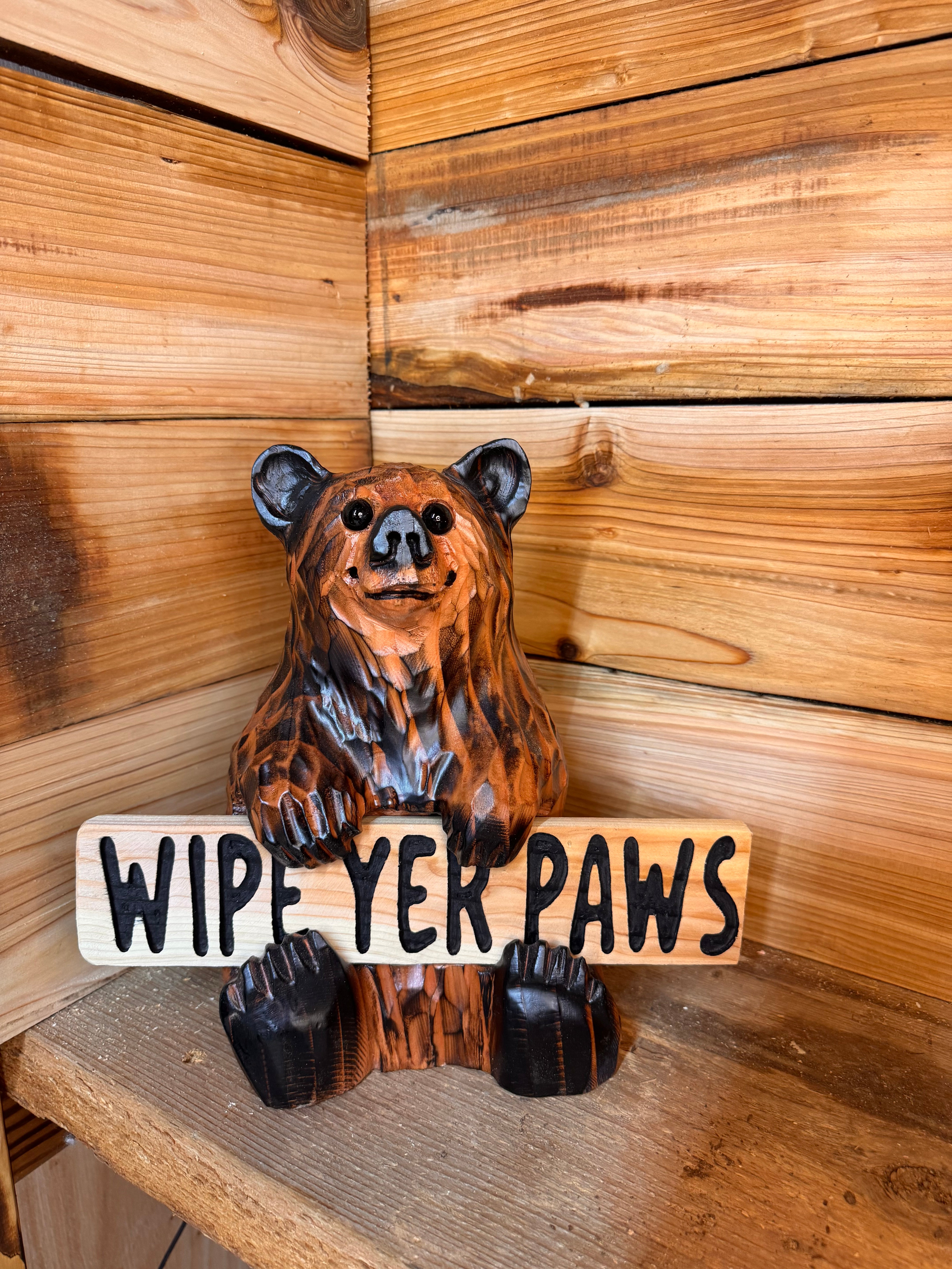 Chainsaw Carved Sitting Brown Bear with Reversible Sign – 11" Giant Sequoia Redwood