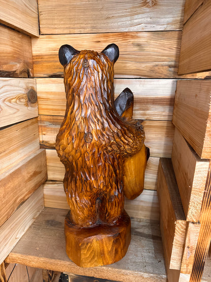 Chainsaw Carved Standing Bear Holding Fish – 24” Western Red Cedar