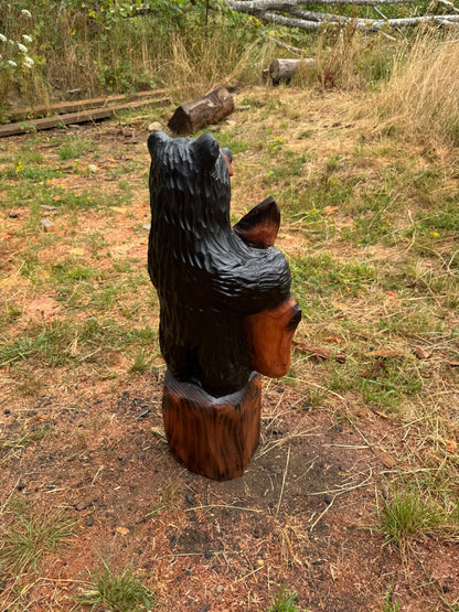 Wood Carved Black Bear with Fish - Redwood - 33 inches