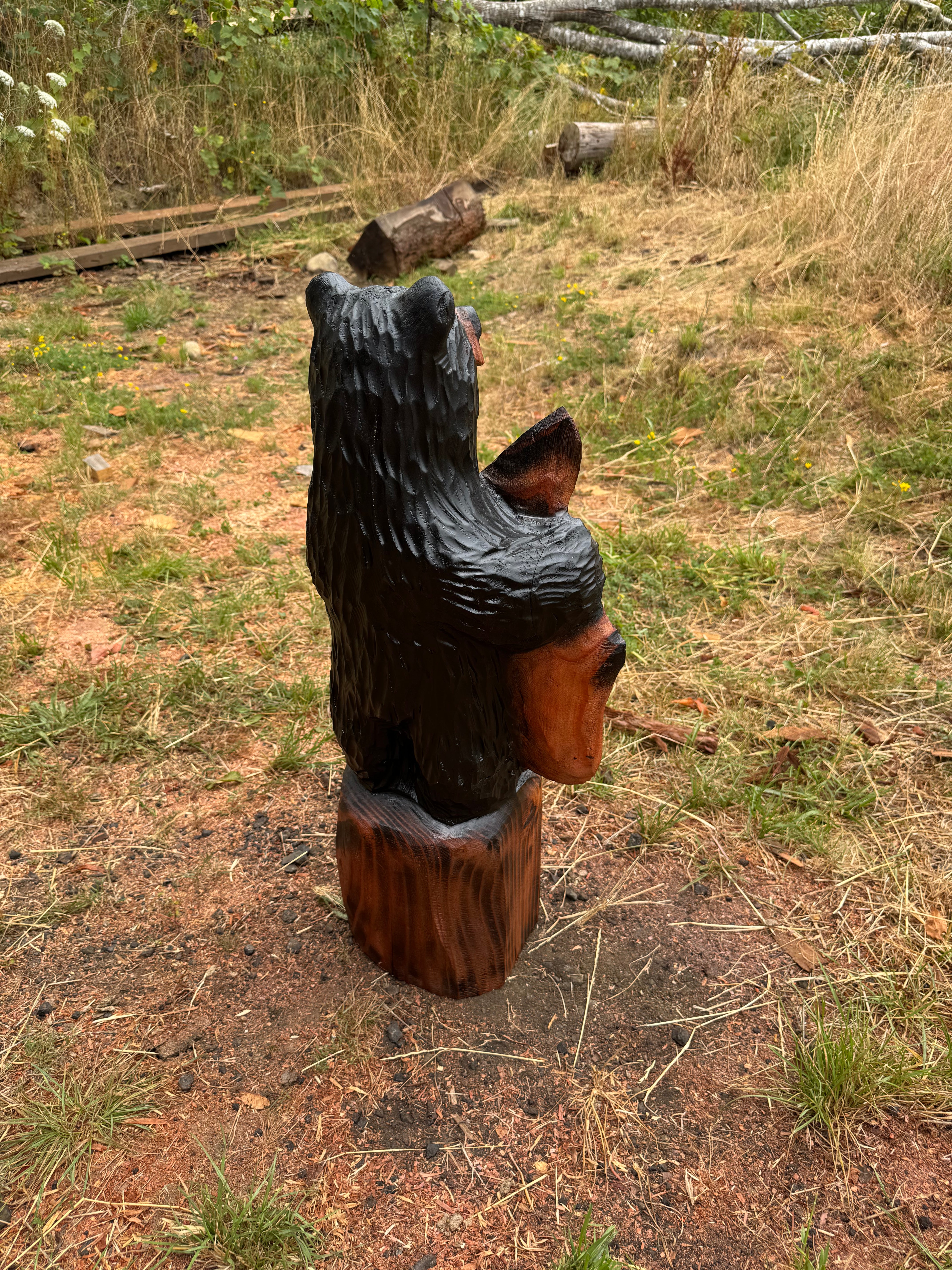 Wood Carved Black Bear with Fish - Redwood - 33 inches