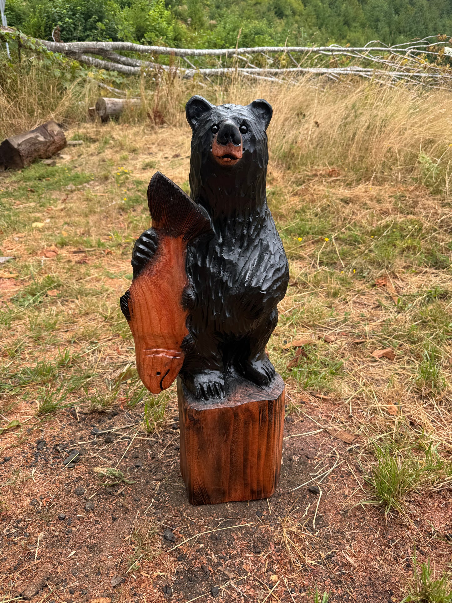 Wood Carved Black Bear with Fish - Redwood - 33 inches