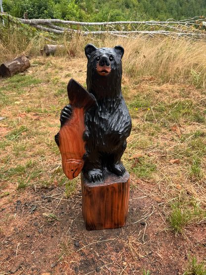 Wood Carved Black Bear with Fish - Redwood - 33 inches