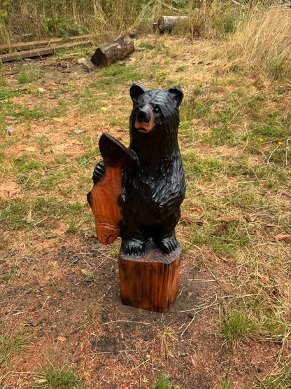 Wood Carved Black Bear with Fish - Redwood - 33 inches