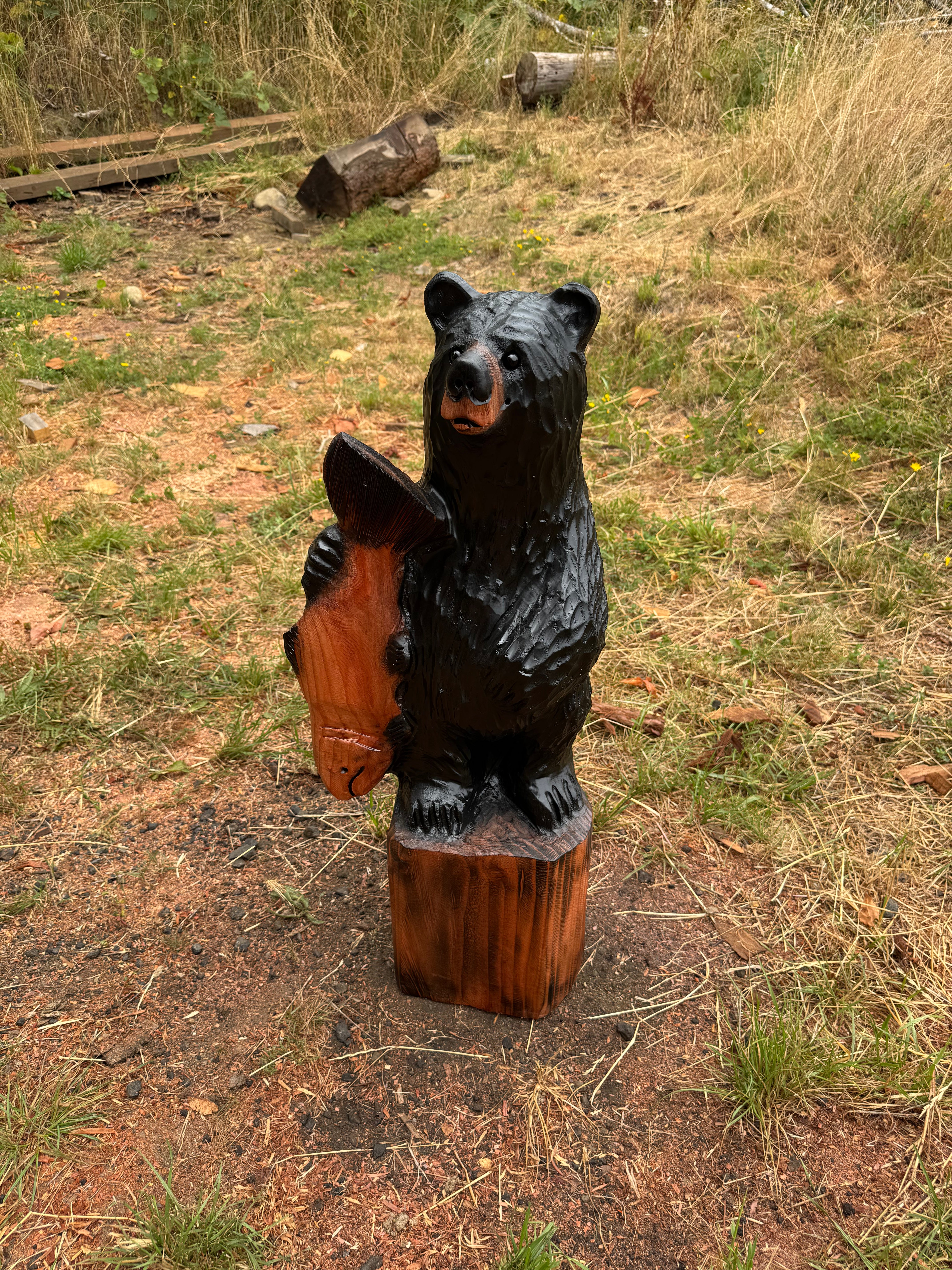 Wood Carved Black Bear with Fish - Redwood - 33 inches
