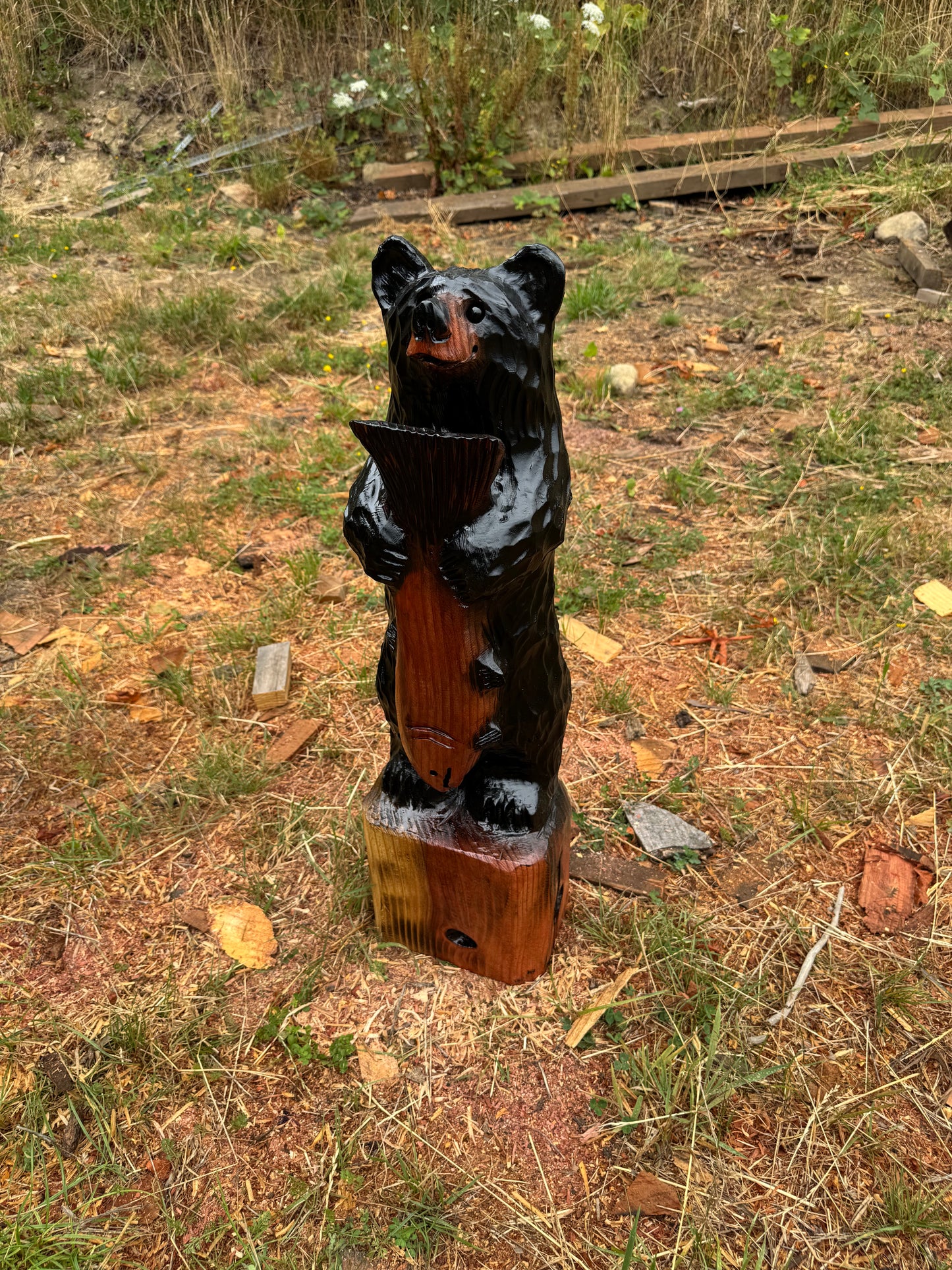 30-Inch Redwood Chainsaw Carved Bear with Fish