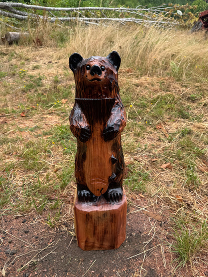 32-Inch Redwood Standing Bear with Fish Carving
