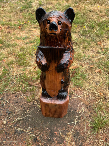 32-Inch Redwood Standing Bear with Fish Carving