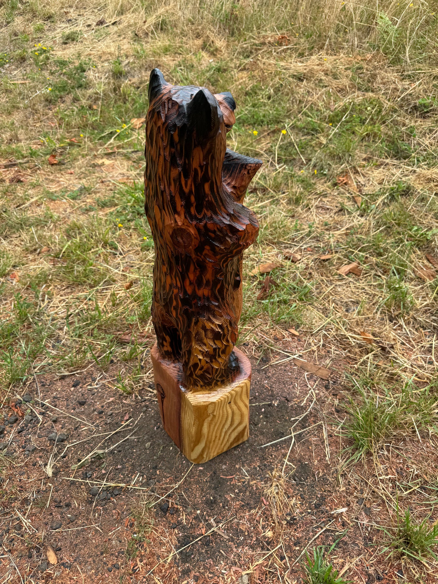 32-Inch Redwood Standing Bear with Fish Carving