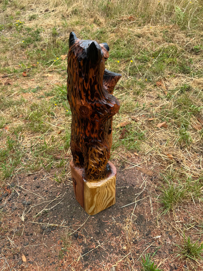 32-Inch Redwood Standing Bear with Fish Carving