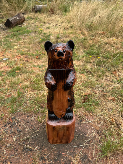 32-Inch Redwood Standing Bear with Fish Carving