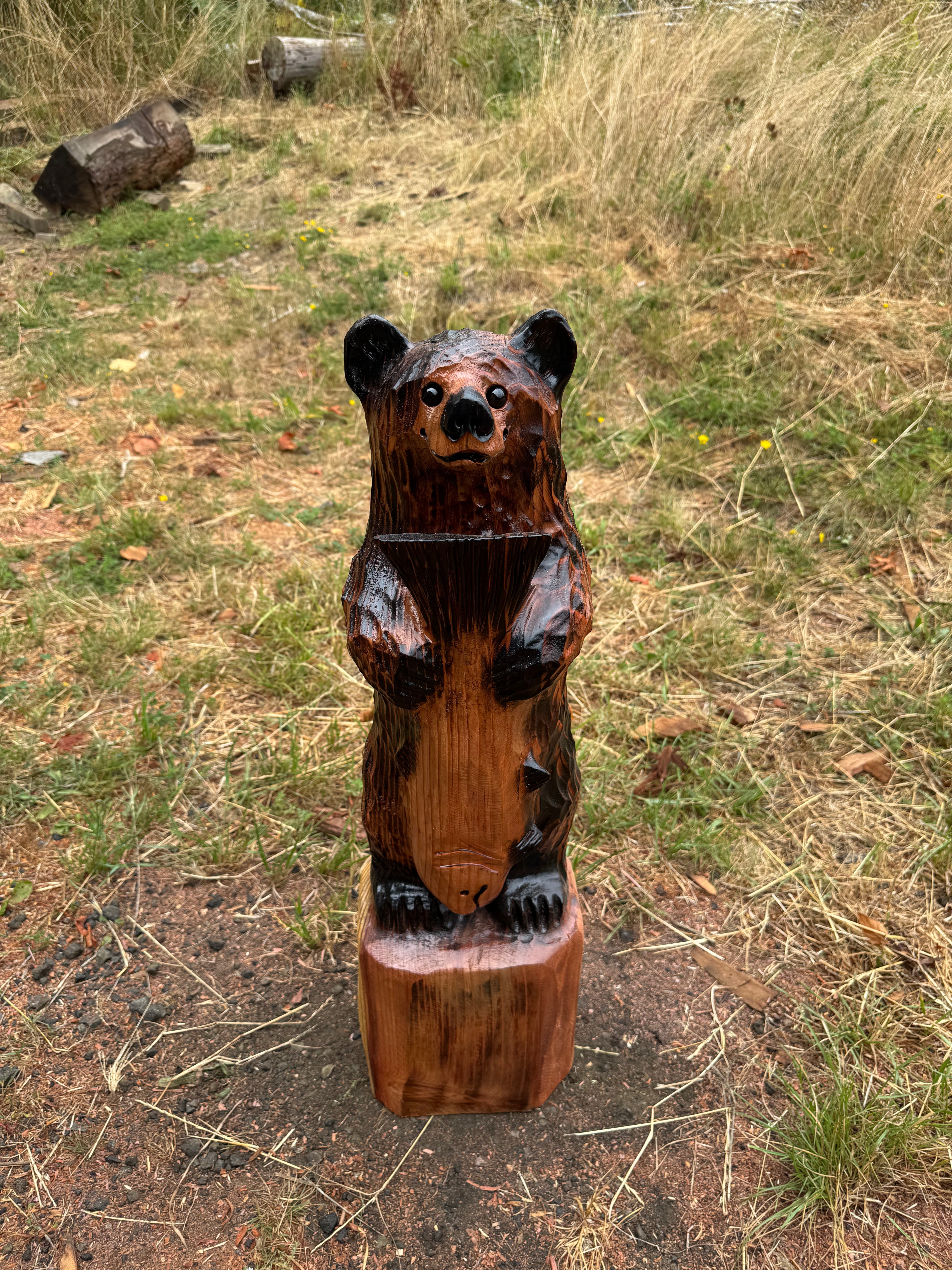 32-Inch Redwood Standing Bear with Fish Carving
