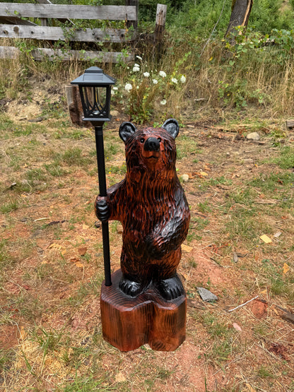 Chainsaw Carved Redwood Bear with Solar Lantern – 41 Inches Brown