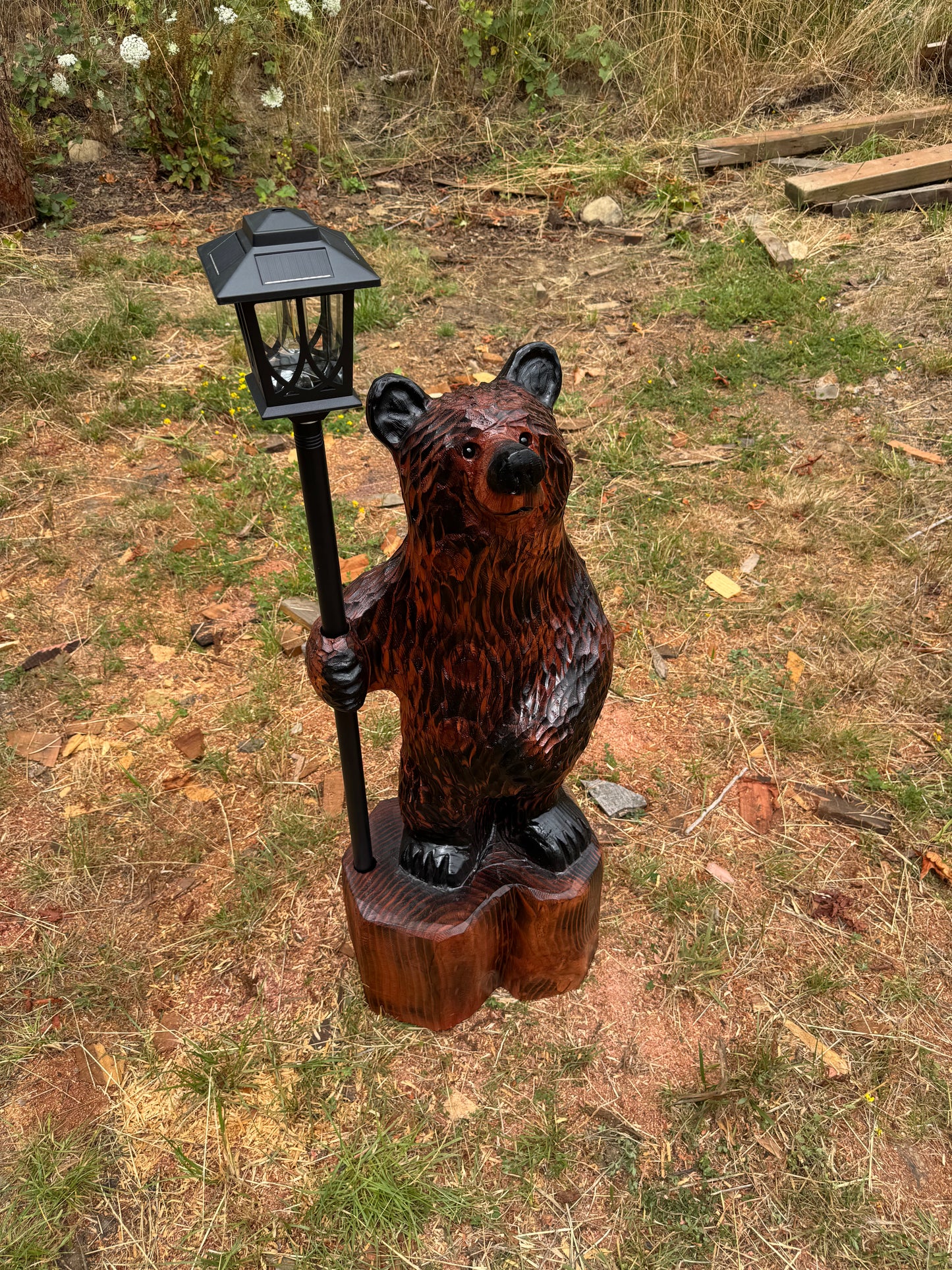 Chainsaw Carved Redwood Bear with Solar Lantern – 41 Inches Brown