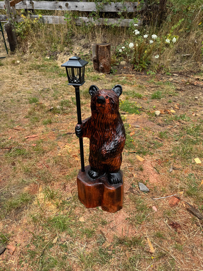 Chainsaw Carved Redwood Bear with Solar Lantern – 41 Inches Brown