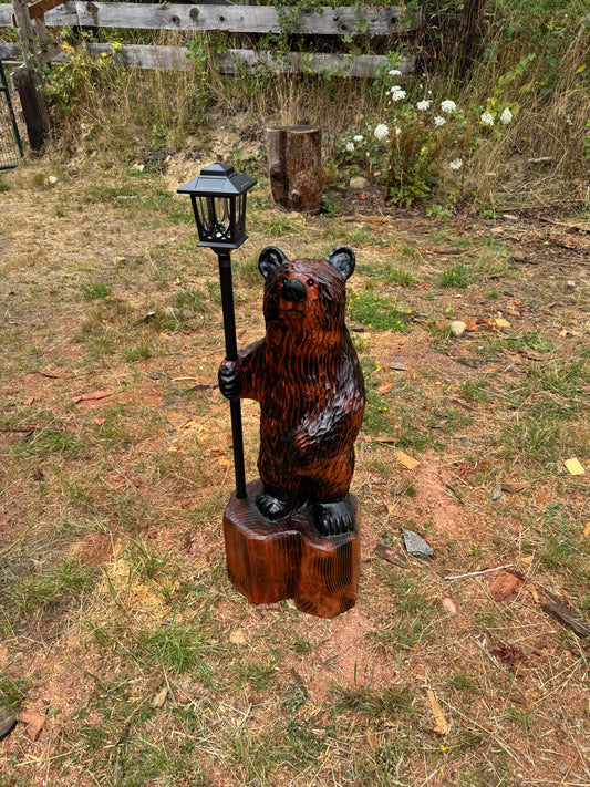 Chainsaw Carved Redwood Bear with Solar Lantern – 41 Inches Brown
