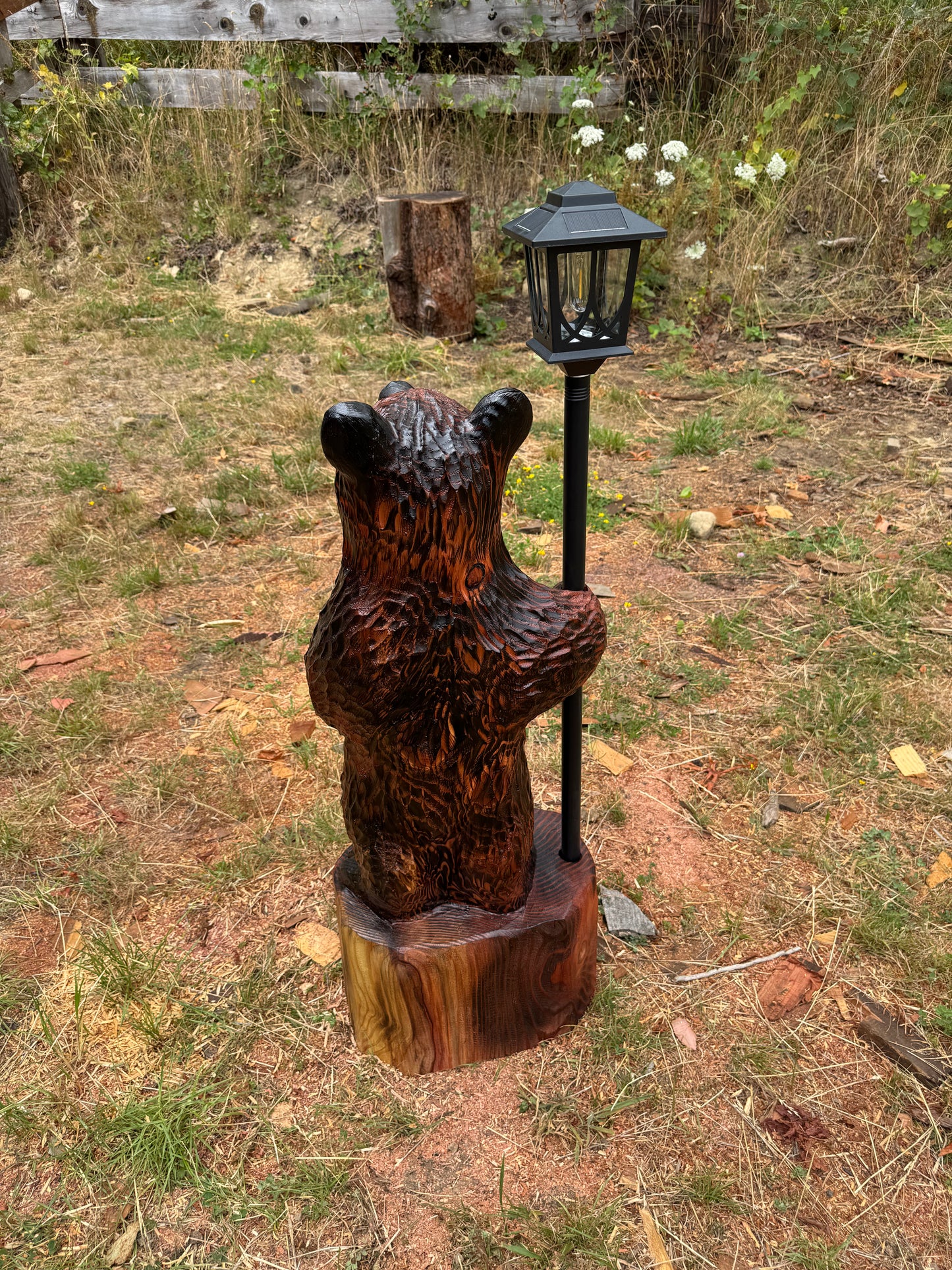 Chainsaw Carved Redwood Bear with Solar Lantern – 41 Inches Brown