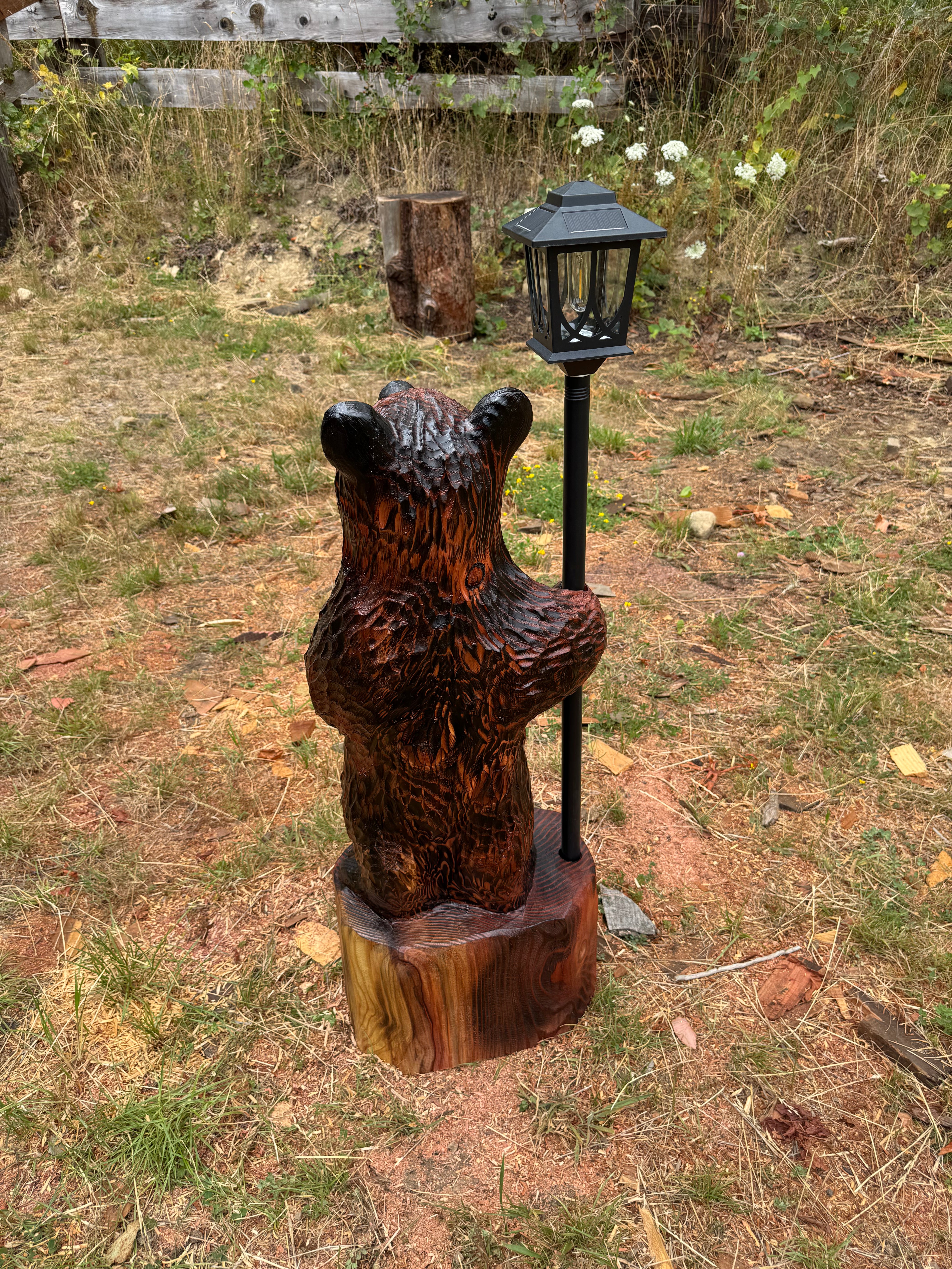 Chainsaw Carved Redwood Bear with Solar Lantern – 41 Inches Brown