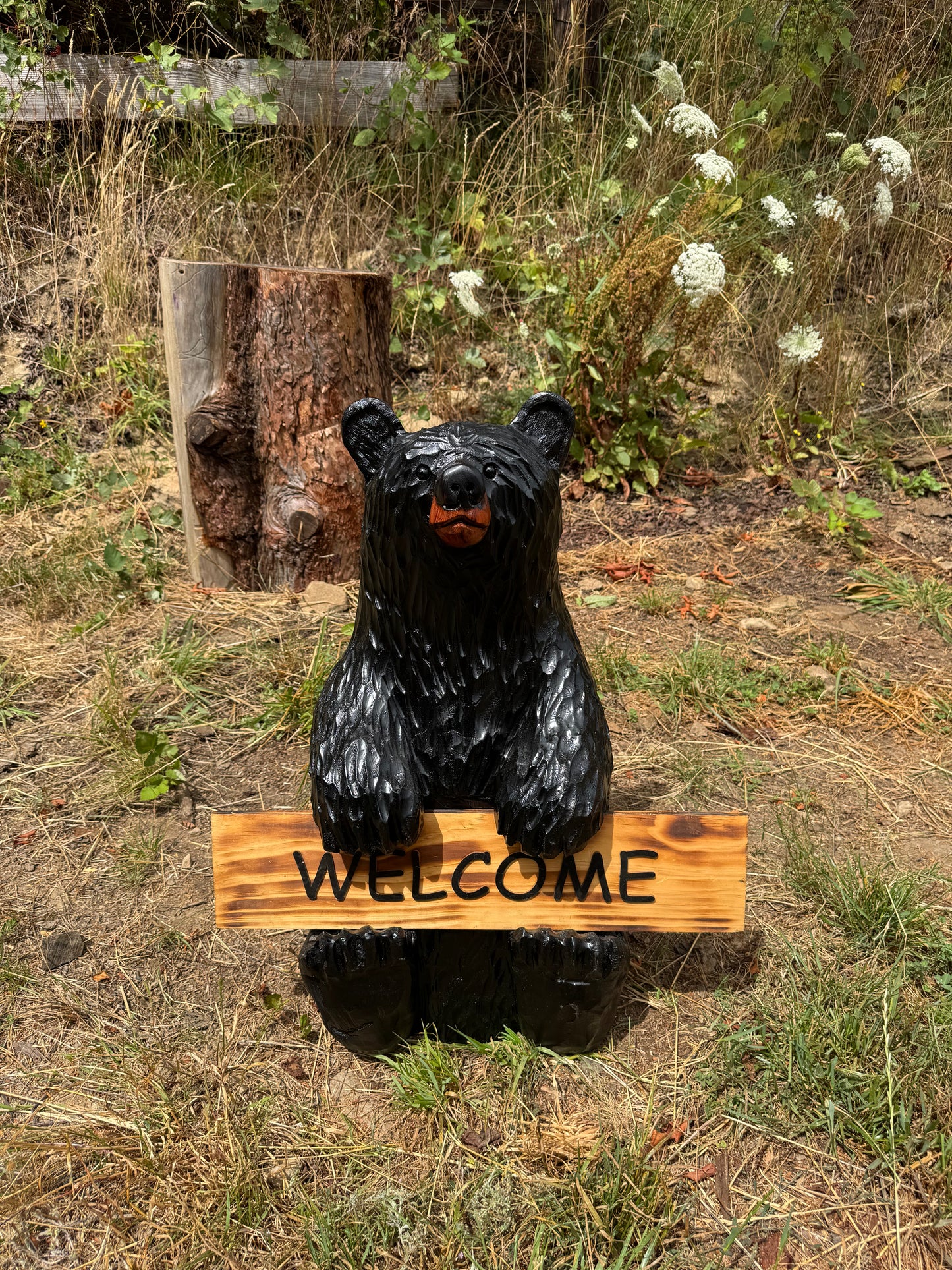 Wood Carved 30" Black Bear with Reversible Welcome Sign