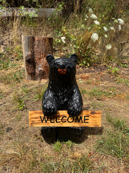 Wood Carved 30" Black Bear with Reversible Welcome Sign