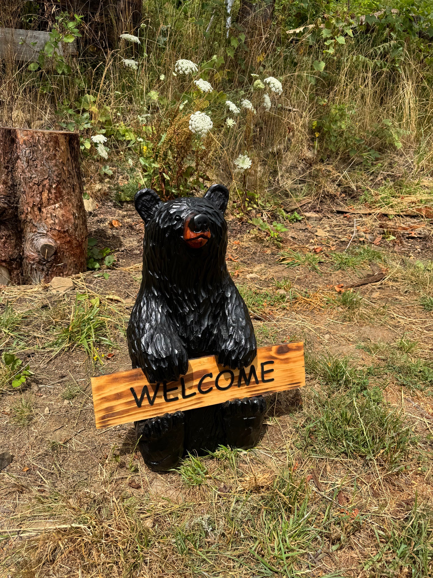 Wood Carved 30" Black Bear with Reversible Welcome Sign