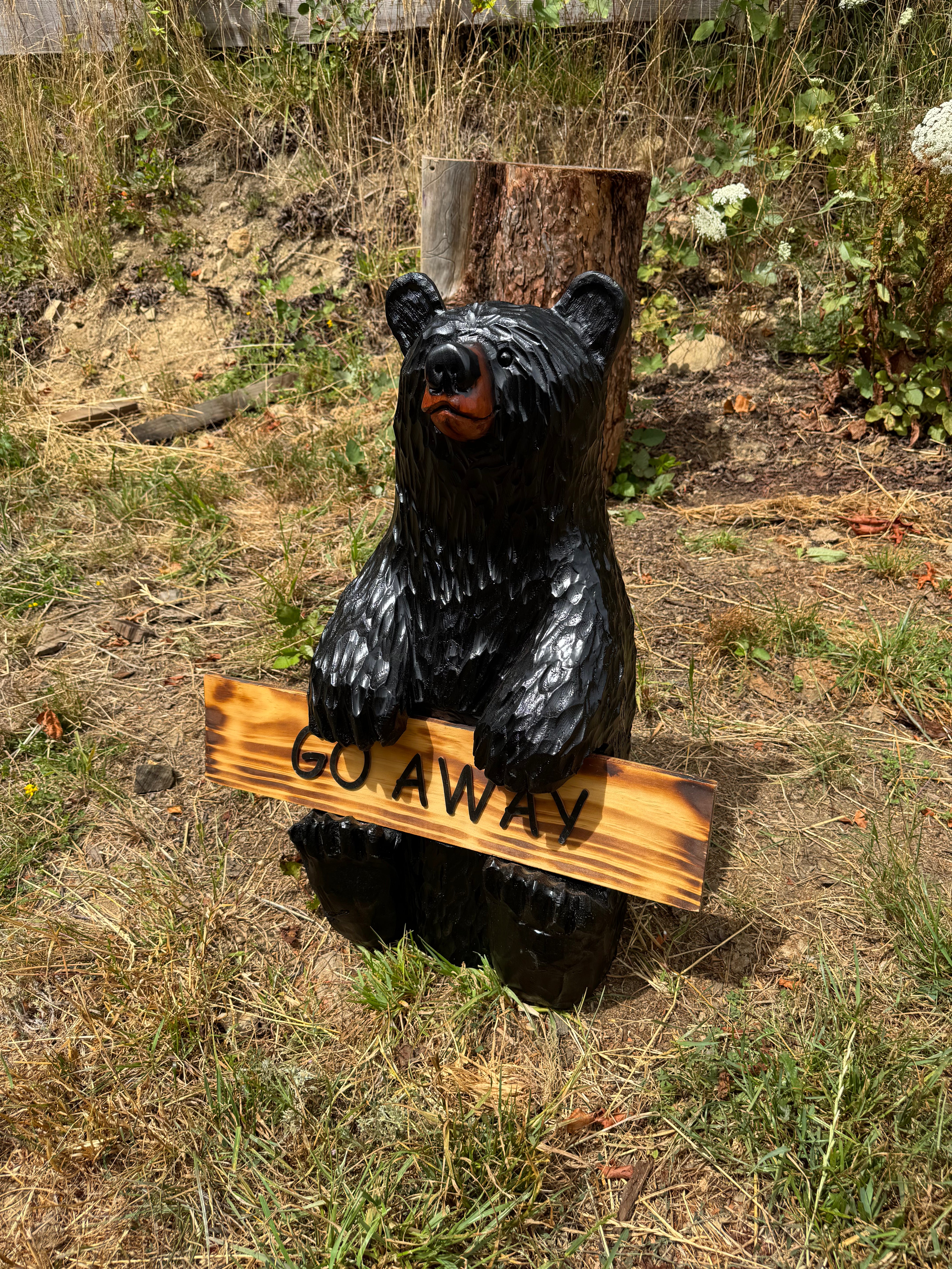 Wood Carved 30" Black Bear with Reversible Welcome Sign