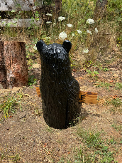 Wood Carved 30" Black Bear with Reversible Welcome Sign