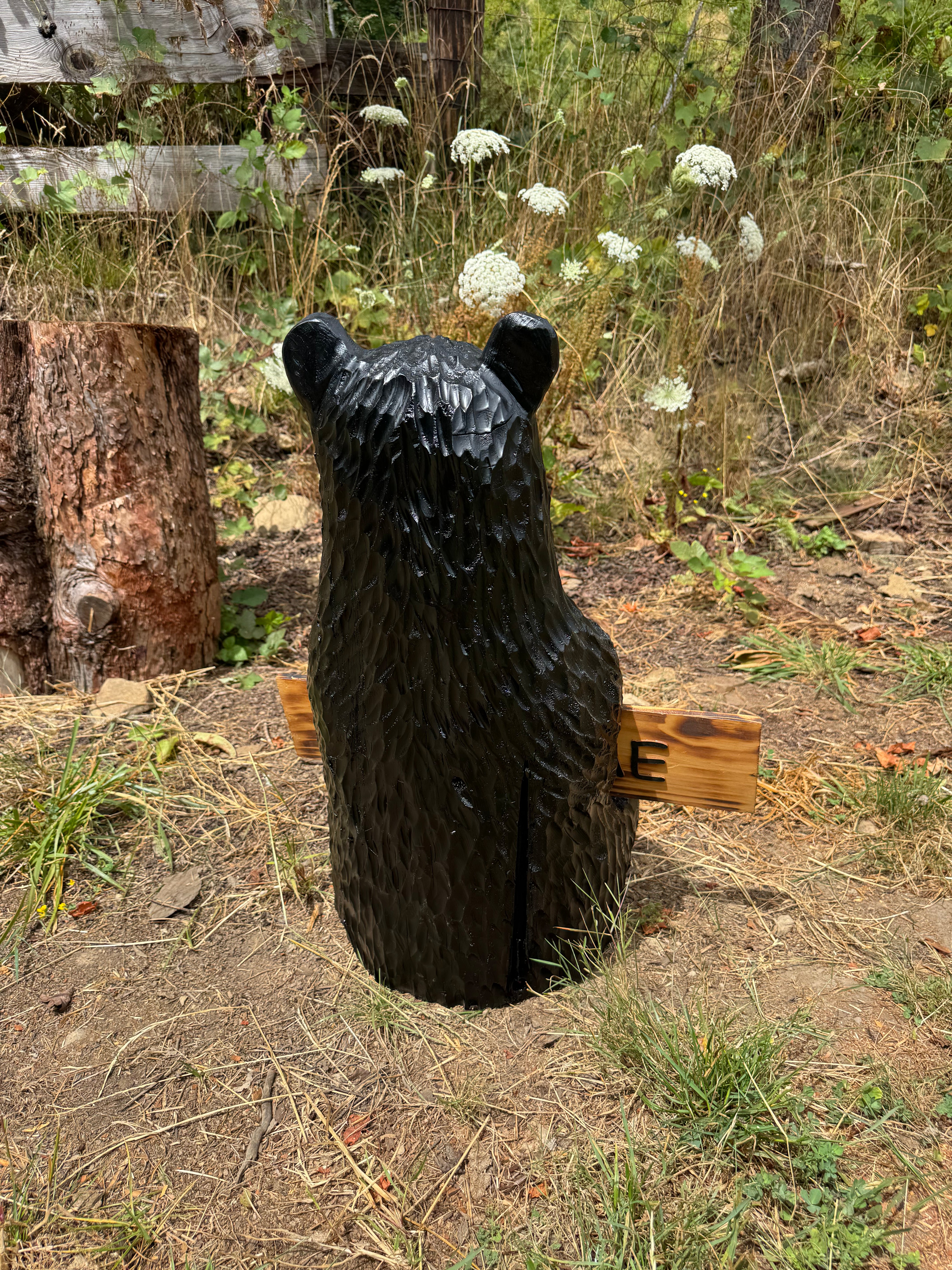 Wood Carved 30" Black Bear with Reversible Welcome Sign