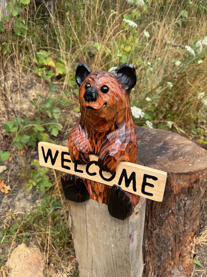 Wood Carved Bear Holding Welcome, Reversible Sign 11''- Customizable