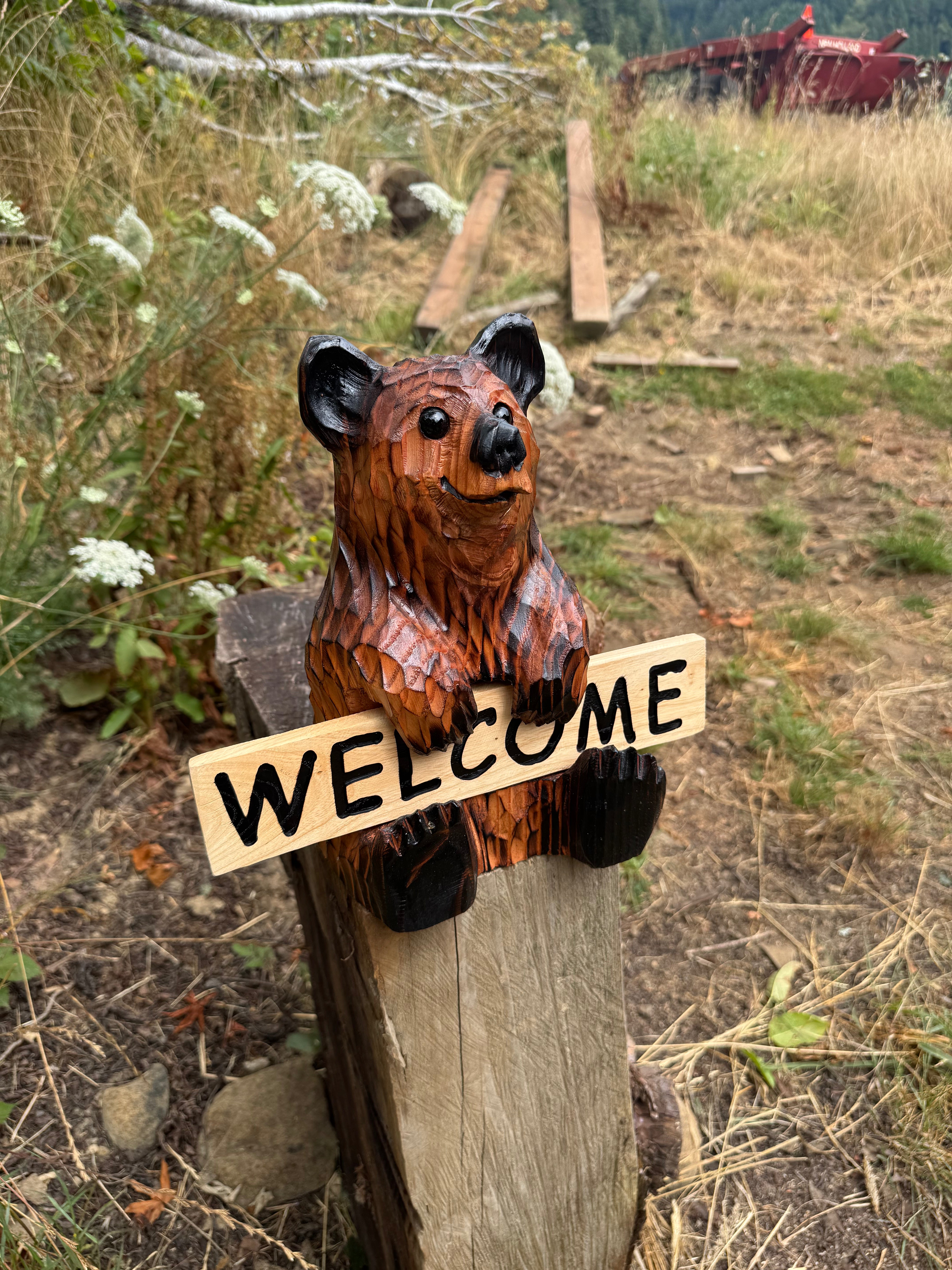 Chainsaw Carved Sitting Brown Bear with Reversible Sign – 11" Giant Sequoia Redwood