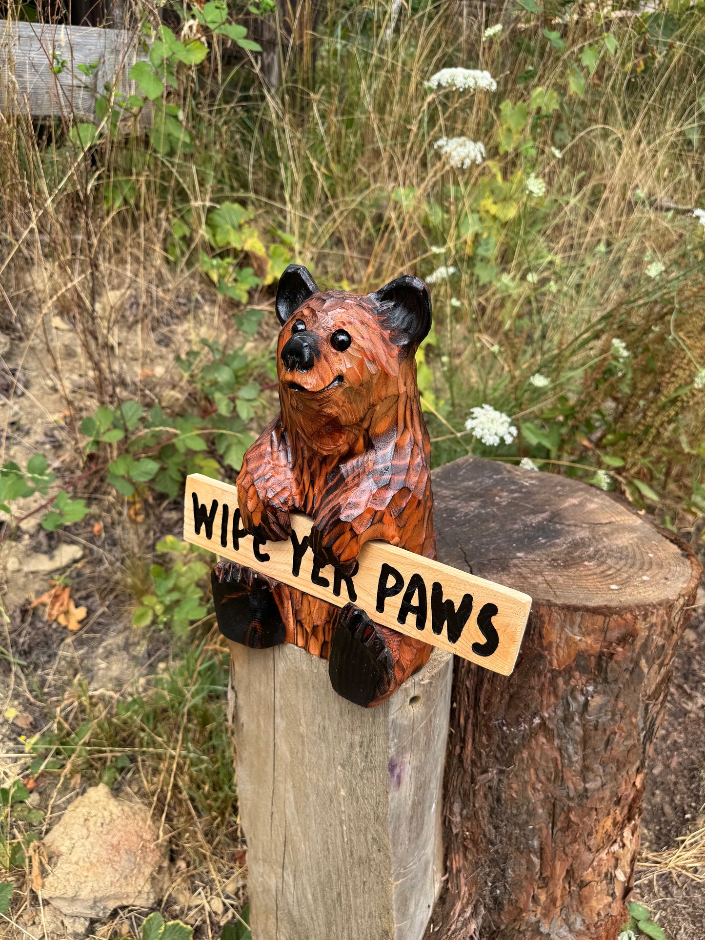 Wood Carved Bear Holding Welcome, Reversible Sign 11''- Customizable
