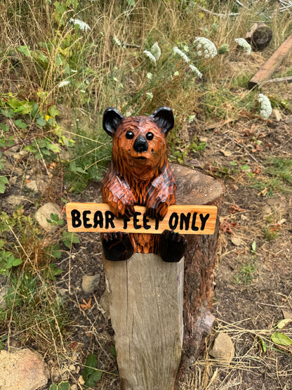 Wood Carved Bear Holding Welcome, Reversible Sign 11''- Customizable