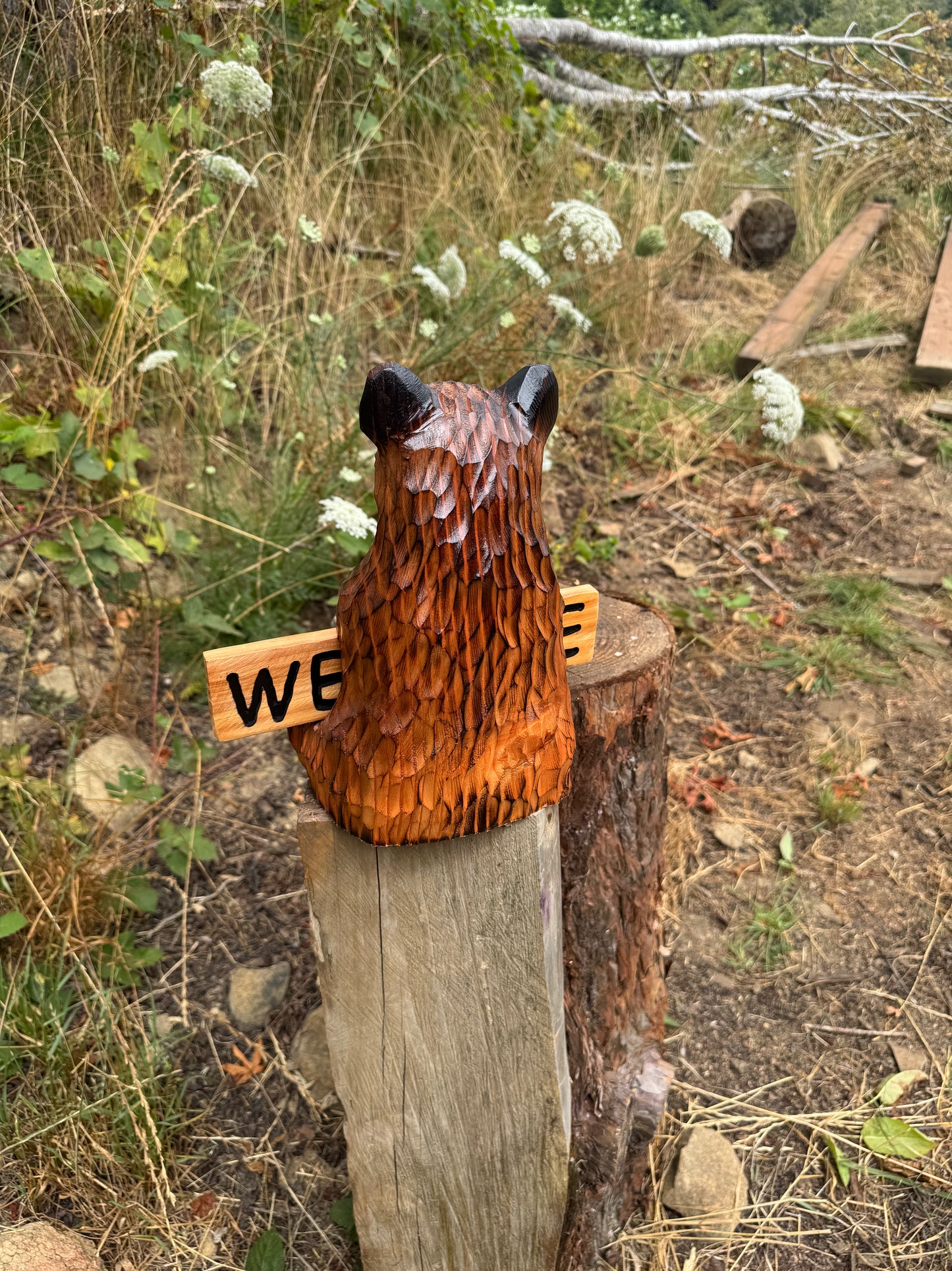 Wood Carved Bear Holding Welcome, Reversible Sign 11''- Customizable