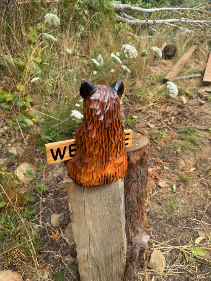 Wood Carved Bear Holding Welcome, Reversible Sign 11''- Customizable