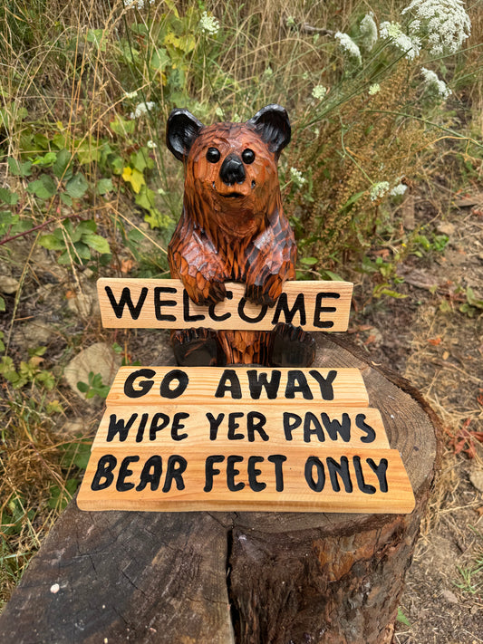Chainsaw Carved Sitting Brown Bear with Reversible Sign – 11" Giant Sequoia Redwood