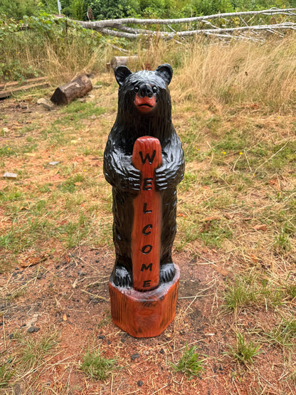 Chainsaw Carved Standing Bear with Welcome Sign – 39 inches