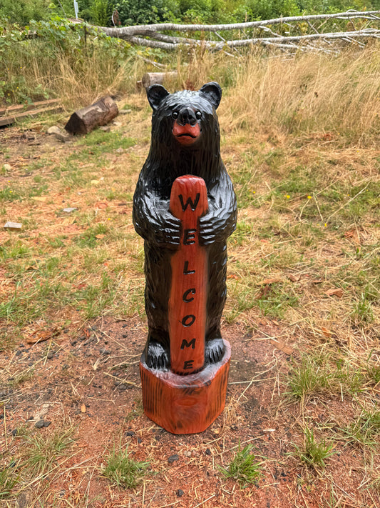 Chainsaw Carved Standing Bear with Welcome Sign – 39 inches