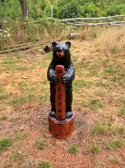 Chainsaw Carved Standing Bear with Welcome Sign – 39 inches