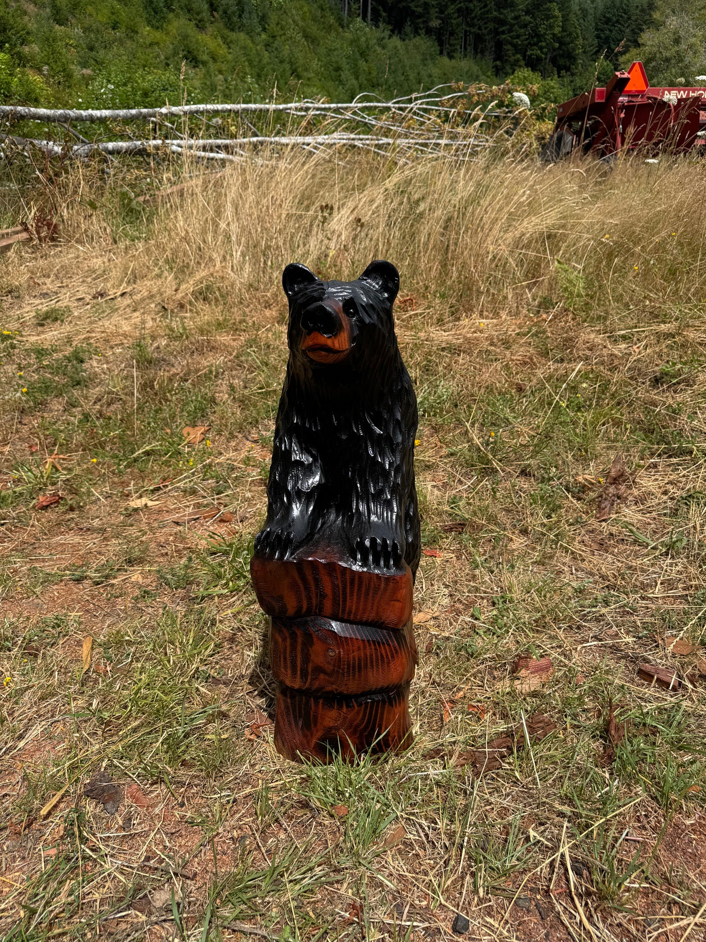Chainsaw Carved Black Bear Standing on Rock Base – 30 Inches