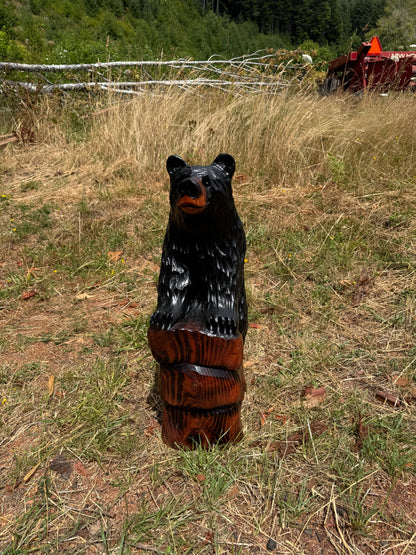 Chainsaw Carved Black Bear Standing on Rock Base – 30 Inches